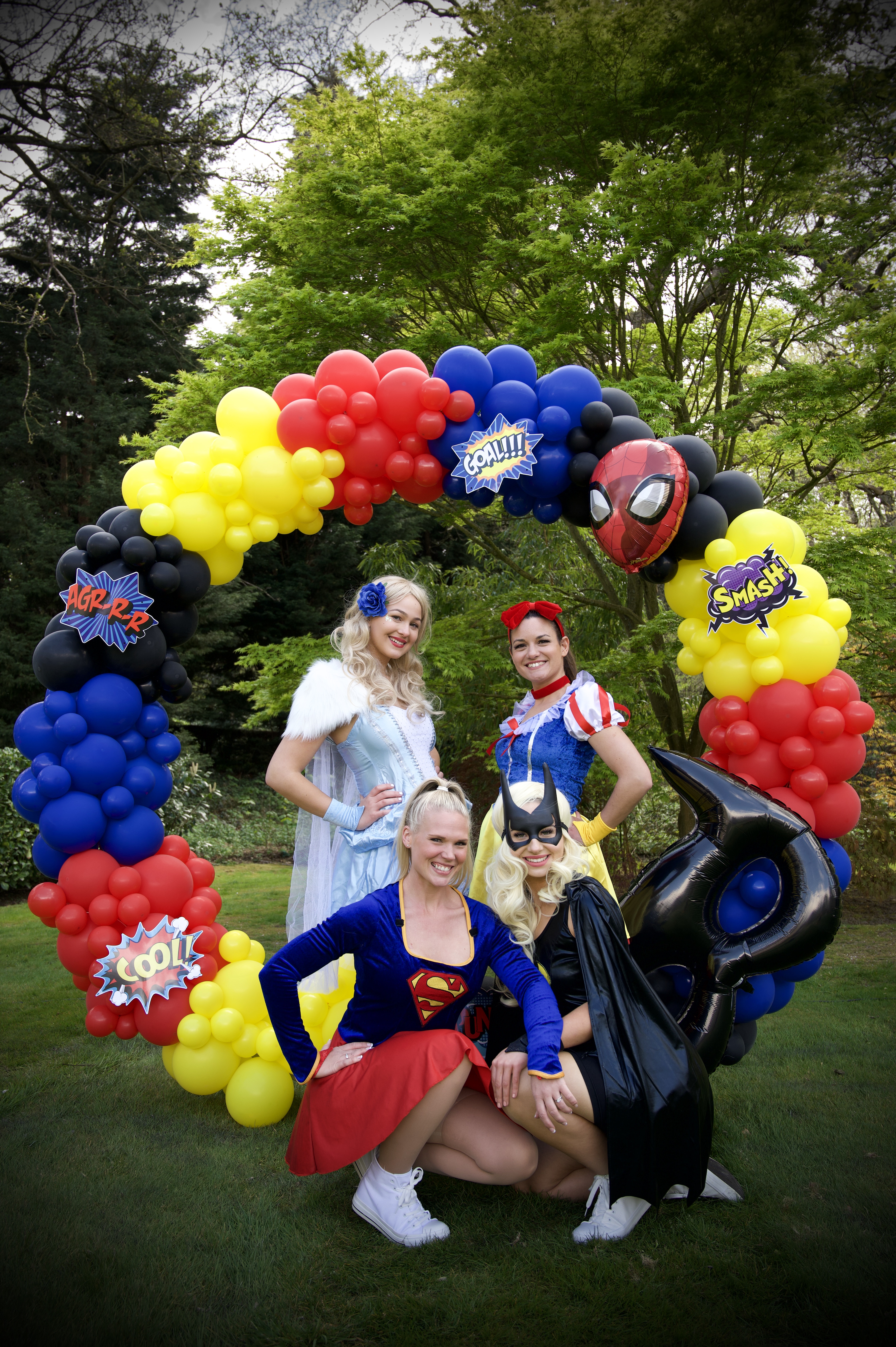 Superhero and Disney princess themed birthday balloons and character dress up